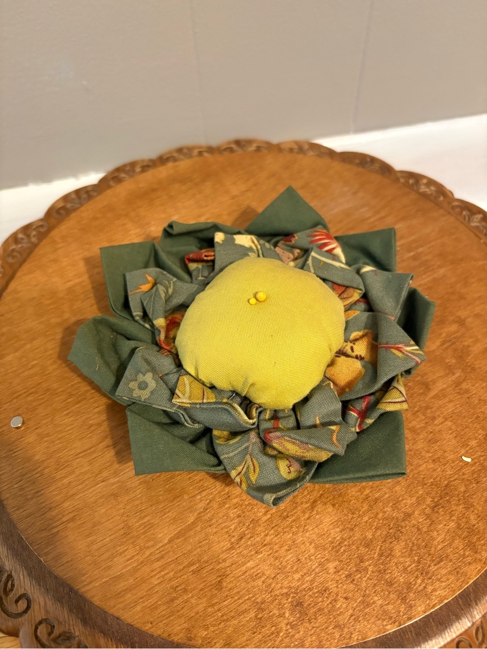 Handmade Green and Yellow Floral Fabric Pin Cushion MCM